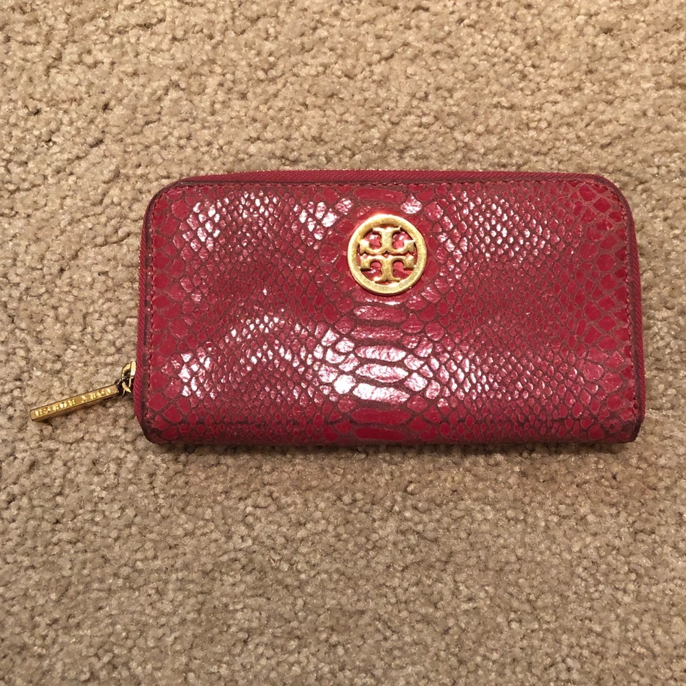 Tory Burch Red Snake-Embossed Zip Wallet with Gold Logo